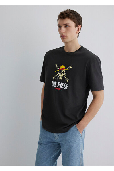 Mavi One Piece Baskılı Antrasit Tişört Loose Fit / Bol Rahat Kesim 0612662-70092