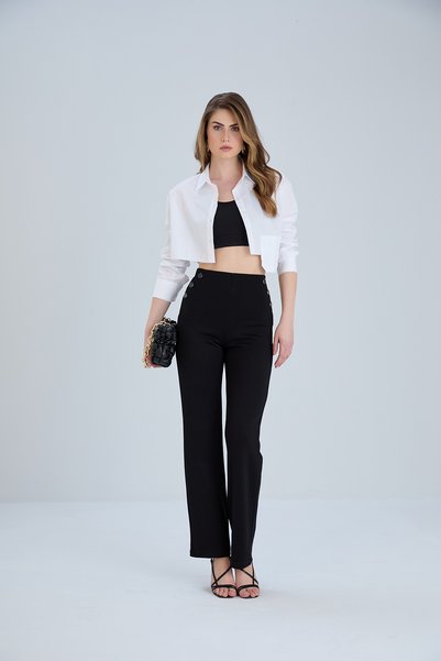 Thin Shop Women's Black Button Detailed Draped Trousers