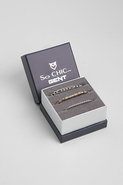 So CHIC... Brown Hematite Stone Adjustable Men's Steel Triple Bracelet Set