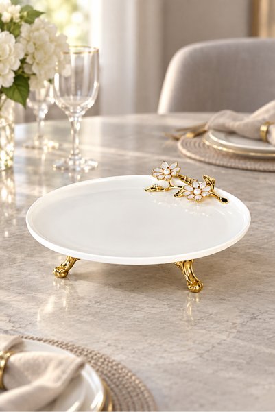MAY HOME Çiçek Detaylı Ayaklı Porselen Sunumluk Tabak (27 Cm)