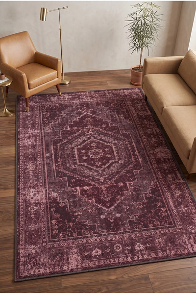 RUGPERA Milan Mürdüm Bordo Pudra Vintage Oryantal Dijital Baskı Yıkanabilir H...