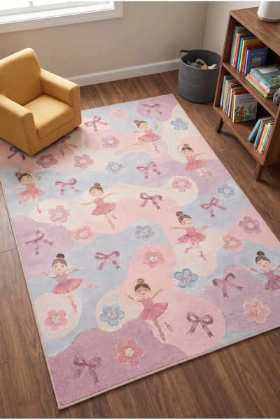 RUGPERA Ramis Pembe Lila Balerin Fiyonk Çiçek Desenli Çocuk Odası Halısı | Di...