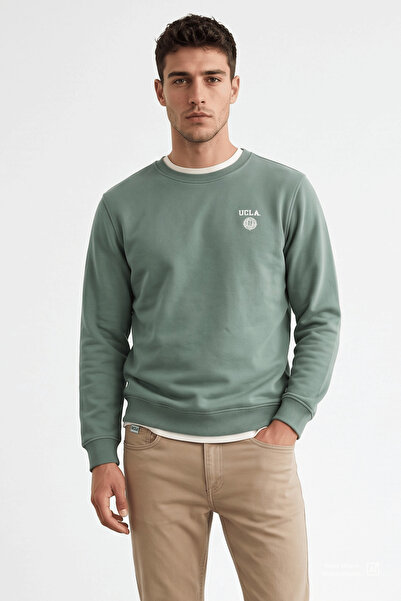 UCLA VALLEY Adaçayı Yeşili Bisiklet Yaka Baskılı Standard Fit Erkek Sweatshirt