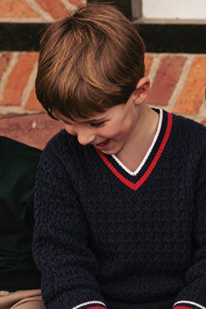 Cigit Hair Knit V-Neck Sweater 2-9 Years Old Navy Blue