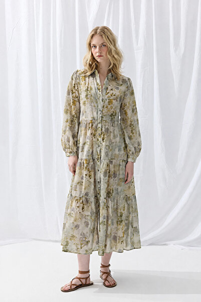 Gusto İz Kolekcyon Eco Print Relaxed Fit Long Dress - Green
