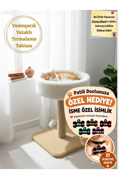 Komano Pontika Yuvarlak Kedi Yatağı Yumuşacık Peluş Kedi Tırmalama Tahtası ve Kedi Evi Ponponlu 55 cm Şık Tasarım