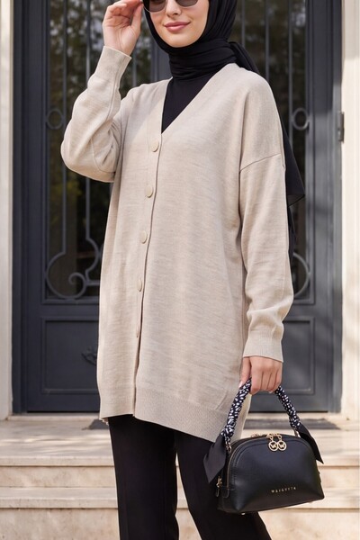 Modamorfo Buttoned Winter Hijab Knitwear Cardigan -Stone