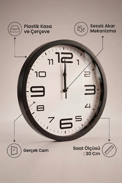 Frapan Home GLX 30 cm Duvar Saati Sessiz Akar Mekanizma Gerçek Cam