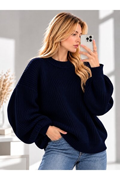 ModaAzen Navy Blue Crew Neck Oversize Women's Knitwear Sweater