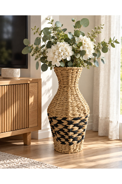 Bahçem Dekoratif Water Hyacinth / Su Sümbülü Pampas Vazosu / Hasır Vazosu Yapay Çiçeklik
