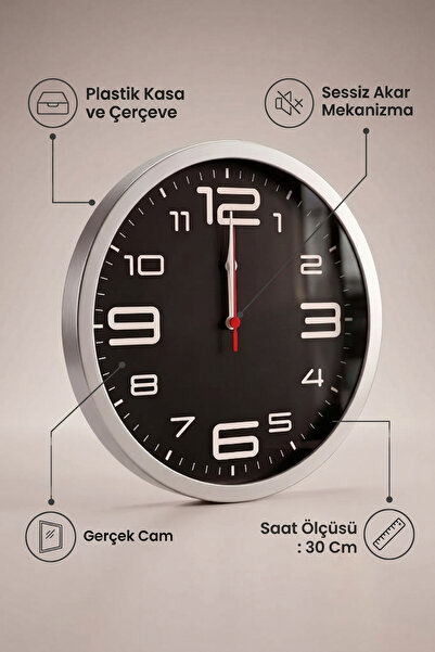 Frapan Home GLX 30 cm Duvar Saati Sessiz Akar Mekanizma Gerçek Cam