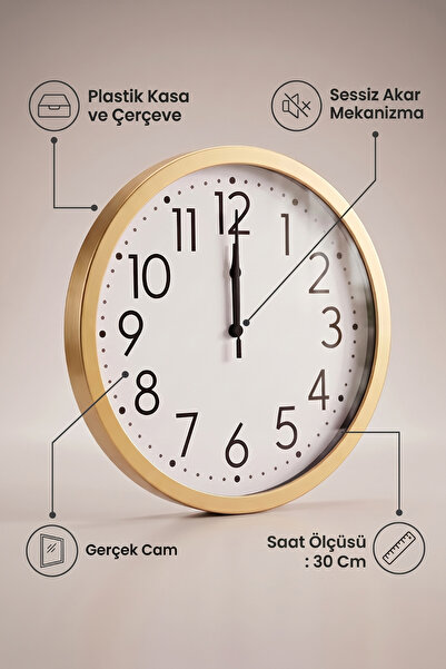 Frapan Home GLX 30 cm Duvar Saati Sessiz Akar Mekanizma Gerçek Cam