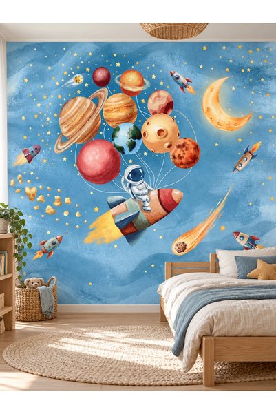 Genel Markalar Gezegen Balonları ve Astronot Bebek Odası Duvar Kağıdı - Erkek...