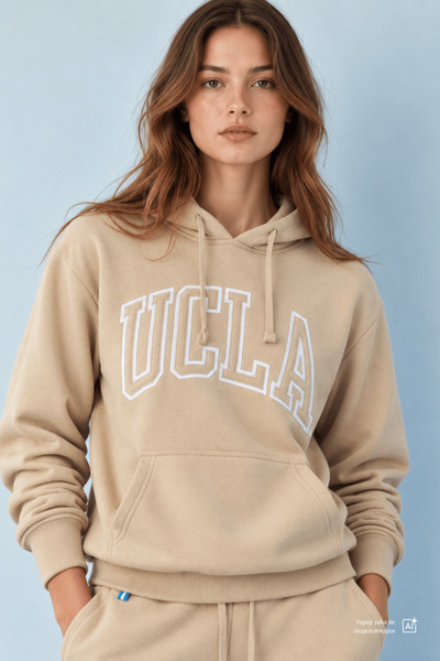 UCLA Riley Dark Beige Hooded Fleece-Lined Embroidered Standard Fit Women's Sw...