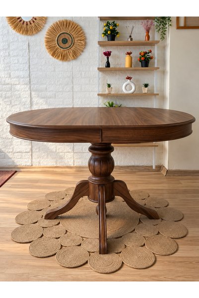 silla Baba Ayaklı Masa Ahşap Oval Ceviz Renkli Açılır Masa (BOY 90 CM/EN 130 CM)