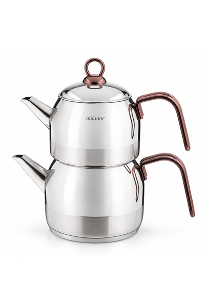 Milanor Tuana Mini Bakır Renk Kulplu Çelik Çaydanlık – 0,75 L Demlik + 1,50 L Alt Çaydanlık