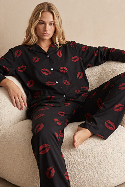 Siyah İnci Black lip patterned Cotton Buttoned Pajama Set
