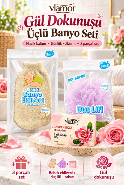 Vlamor Rose Touch 3-Piece Bath and Body Care Set Baby Bath Glove, Soap and Washcloth