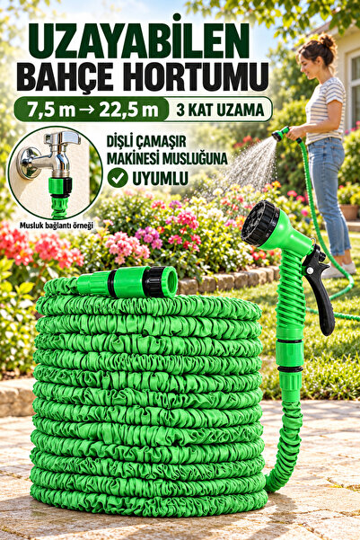 ALFAGİFT 3 Kat Uzayan 7.5 Metre- 22.5 Metre Bahçe Sulama Hortumu-7 Fonksiyonl...
