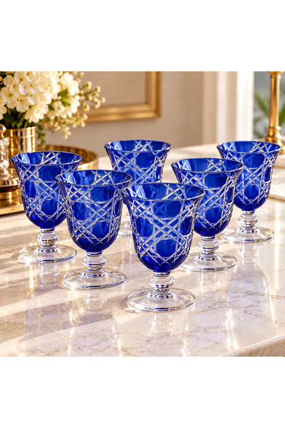 AYZ HOME Kesme Kristal Mavi Kahve Yanı Kadeh 6 lı