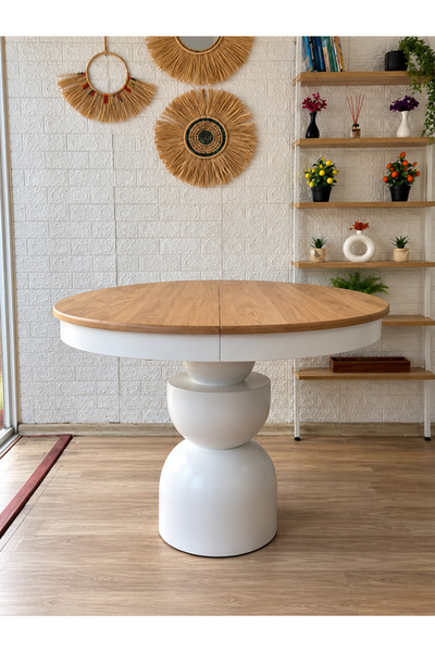 silla Boğum Ayaklı Masa Naturel Ahşap Yuvarlak Üst Tablalı Beyaz Ayaklı Açılı...