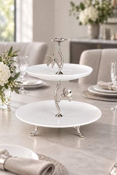 MAY HOME Gümüş Pırlanta Kelebek Detaylı 2 Katlı Porselen Kurabiyelik Tabak