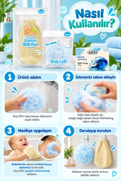 Vlamor Triple Spacious Bath Set (Baby Bath Wash Glove - Bath Loofah - Soap)