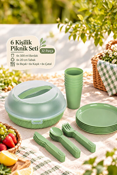 Porsima 32 Parça 6 Kişilik Taşınabilir Piknik Seti - Saklama Kutulu Yeşil