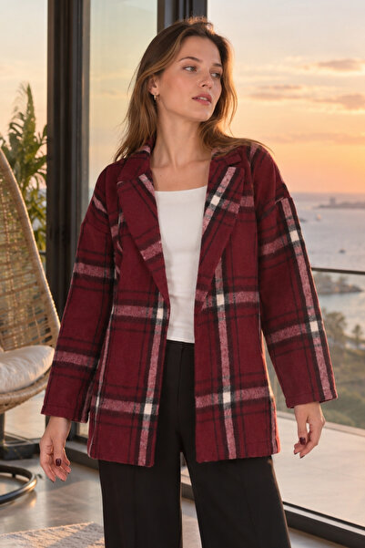 armonika Women's Burgundy Oversize Jacket with Slits on the Sides of the Coll...