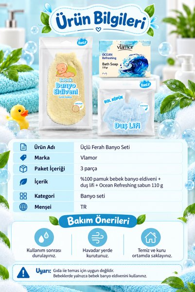Vlamor Triple Spacious Bath Set (Baby Bath Wash Glove - Bath Loofah - Soap)