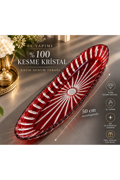 AYZ HOME Kesme Kristal Cam Büyük Boy Kırmızı Kayık Sunum Tabağı 50 cm Kırmızı...