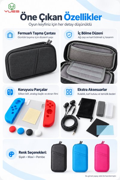 YUES Switch Uyumlu 13'ü 1 Arada Aksesuar Seti Taşıma Çantası Silikon Kılıf Ekran Koruyucu Siyah
