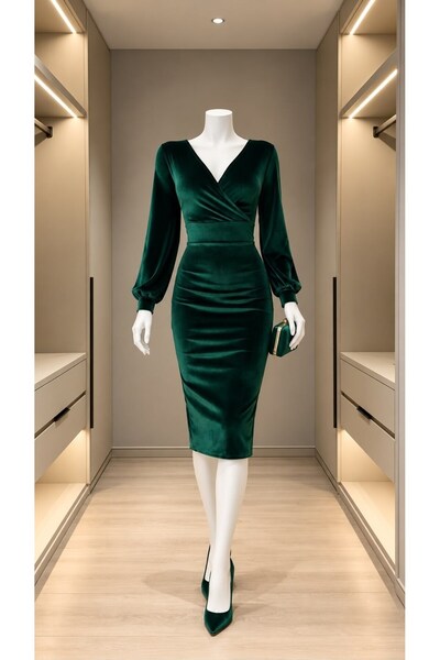 Modafeminen Rochie cu mâneci lungi din țesătură catifea 582303 SMARAGD