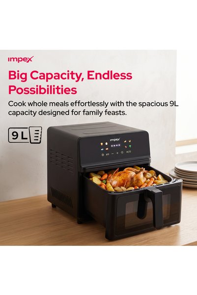 IMPEX AF4309 Digital Air Fryer with Viewing Window & 8 Presets (9L, 1800W, Black)