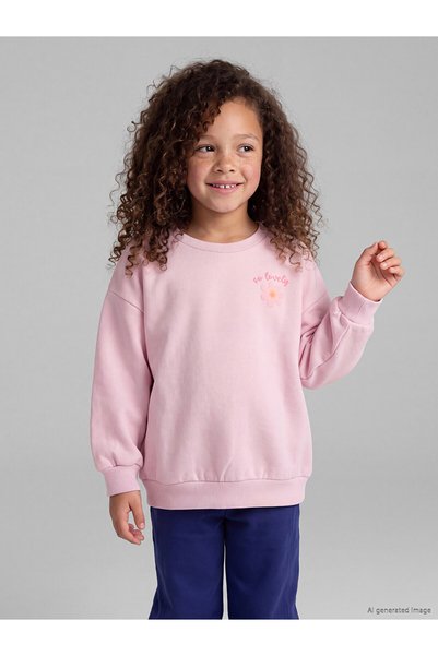 LC Waikiki Ozmarka New Season Pink Floral Embroidered Girls' Thick Sweatshirt
