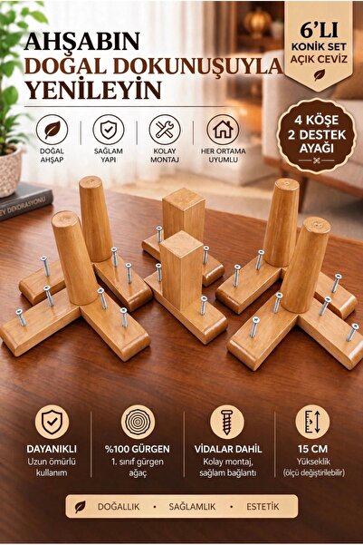 LEGORA WOOD DESİNG 15 cm Ahşap Konik Mobilya Ayağı 6'lı Set Köşe ve Destek Ay...