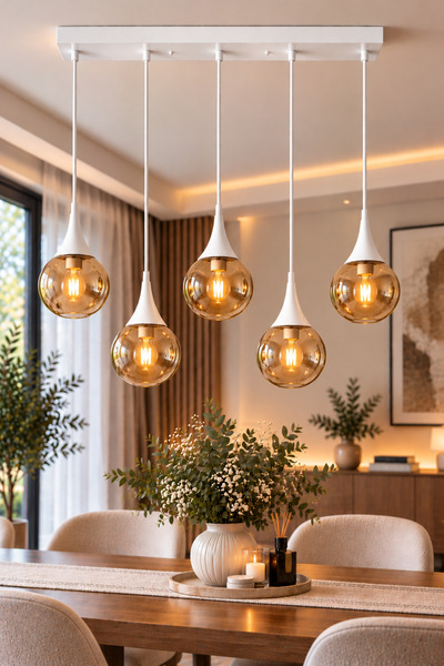 VENON Elora 5.li SIRALI ✨ BEYAZ ✨ BAL GLOP CAMLI ✨ Yemek Masası Avizesi Salon...