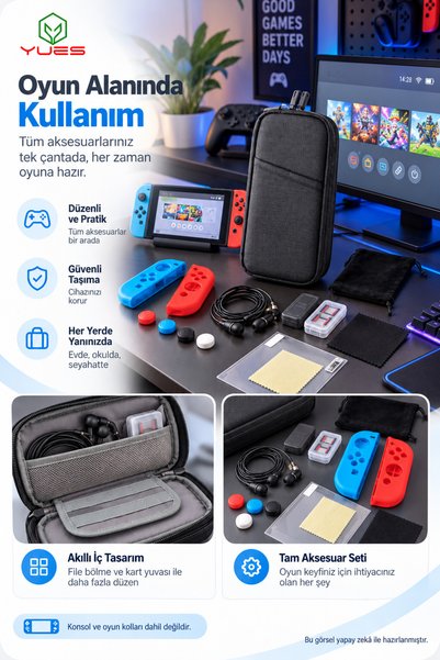 YUES Switch Uyumlu 13'ü 1 Arada Aksesuar Seti Taşıma Çantası Silikon Kılıf Ekran Koruyucu Siyah