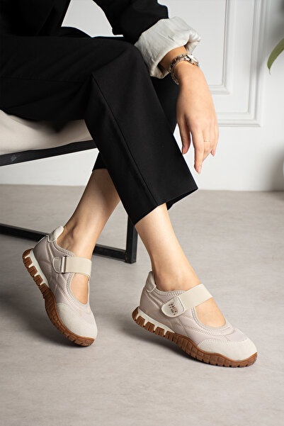 SEFERİ Women's Beige Color Comfortable Sole Velcro Ballerina Casual Sports Sh...