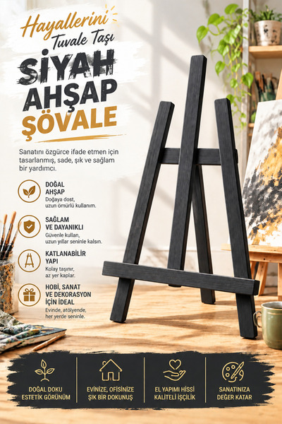 kutuTR Masaüstü Şövale, Ahşap, Mini Şövale, Üç Ayaklı, Resim Şövalesi, Ressam...