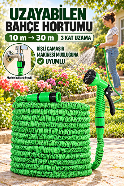 ALFAGİFT 3 Kat Uzayan Bahçe Hortumu 30 Metre 7 Fonksiyonlu Sprey Tabancalı Es...