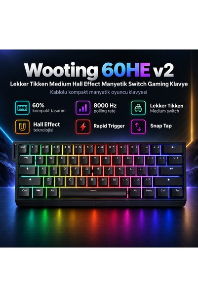 Wooting 60HE v2 Lekker Tikken Medium Hall Effect Manyetik Switch Gaming Klavy...