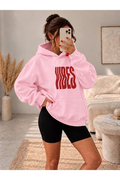 BW Bravely Wear Vibes Printed Women's 3-Thread Ribbed Hooded Sweatshirt Hoodie