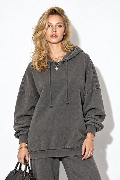 VENA Kadın Kapüşonlu Regular Fit Yıkamalı Sweatshirt %100 Pamuk-Antrasit