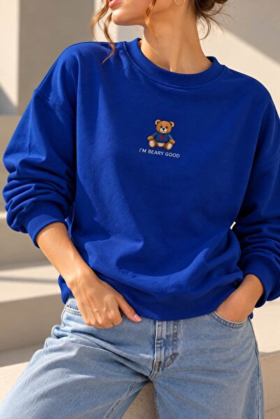 bb butik basic Γυναικείο φούτερ με κέντημα αρκουδάκι, βασικό με 2 κλωστές