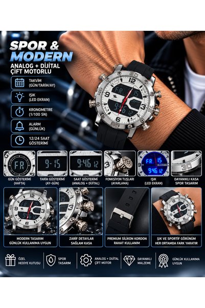 G Sport POLO Erkek Analog Dijital Silikon Kordon Alarm Kronemetreli Led ışıkl...