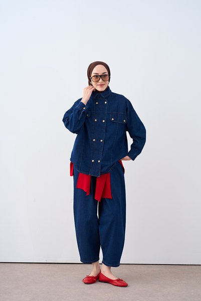 LOCCO Women's Double Pocket Look Collar Snap Fastener Slim Denim Suit Navy Blue