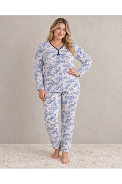 embody Pijamale de bumbac pentru femei, mărimi mari, cu imprimeu floral albastru, cu mâneci lungi și pantaloni lungi.