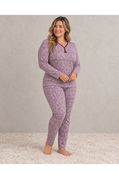 embody Pijama de bumbac pentru femei, mărime mare, bluză cu mânecă lungă și pantaloni lungi, model floral mov.