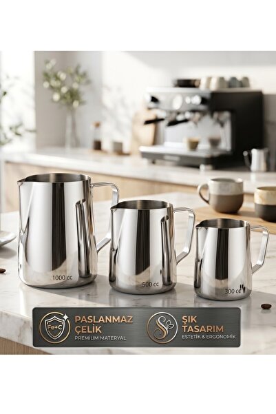 İkram Dünyası Süt Potu, Pitcher 3 lü Set 1000 ml, 500 ml, 300 ml Süt Potu Pas...